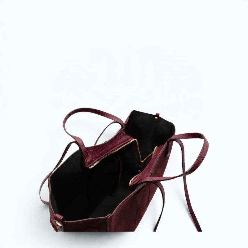 mag l bordeaux suede leather handbag interior details