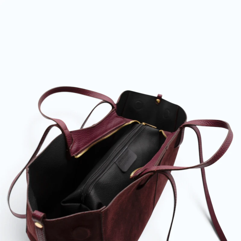 mag l bordeaux suede leather handbag interior