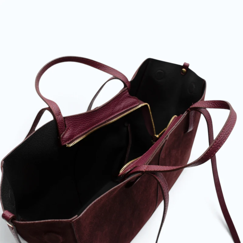 mag l bordeaux suede leather handbag interiores