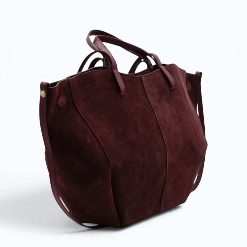 mag l bordeaux suede leather handbag side view