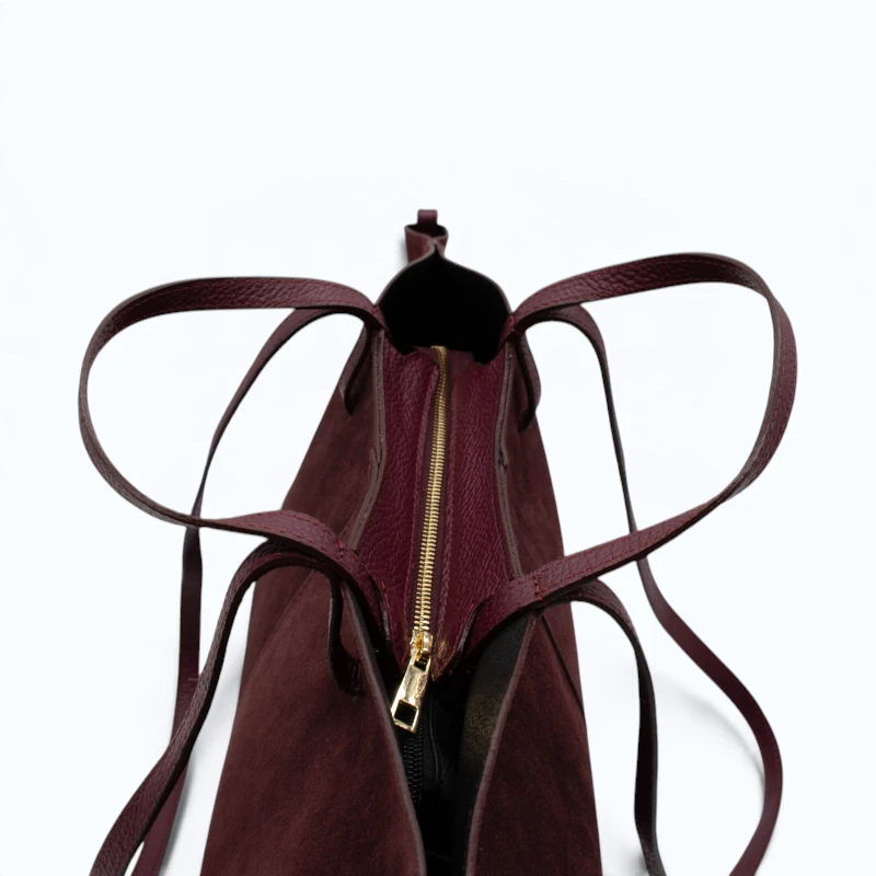 mag l bordeaux suede leather handbag zip